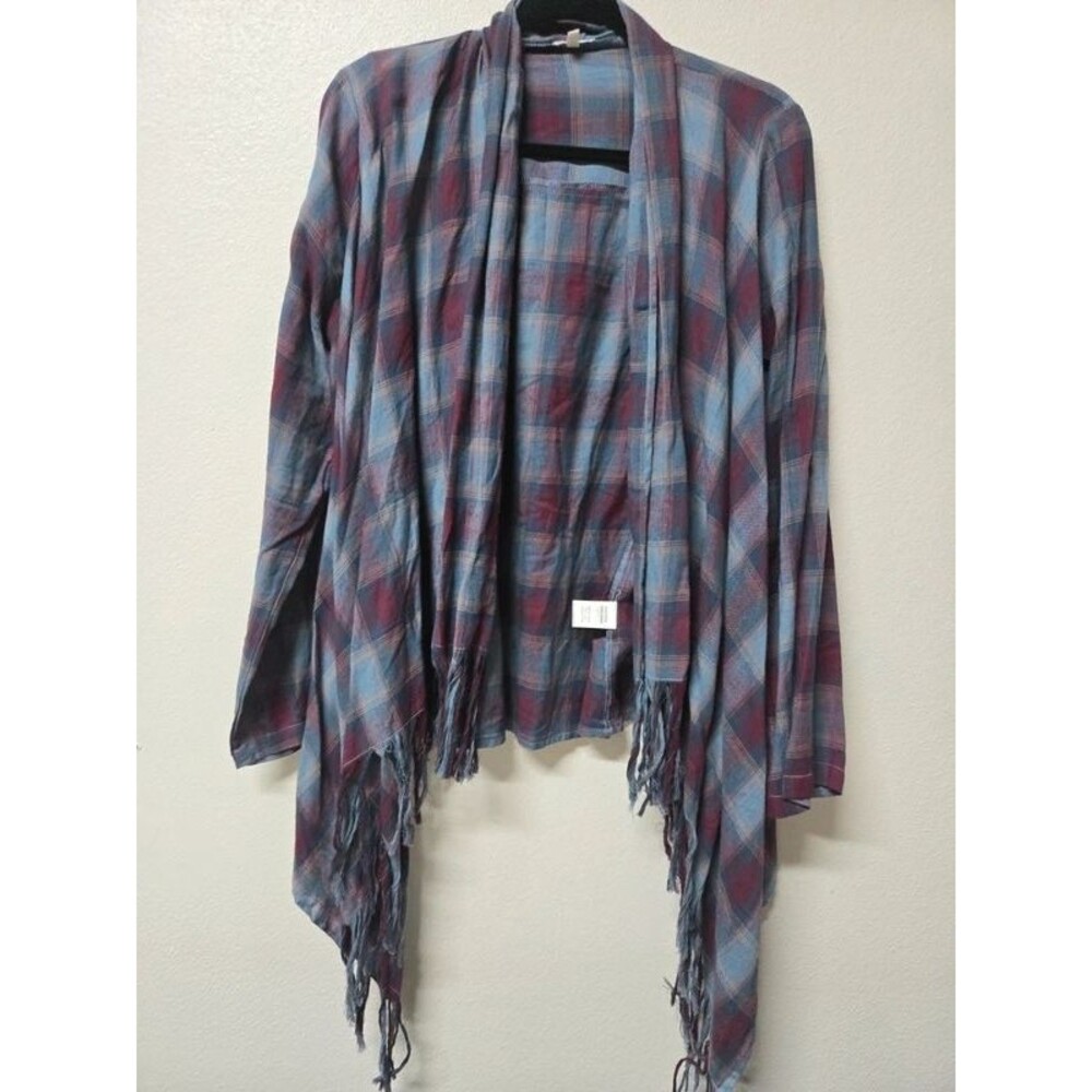 En Crème Plaid Fringe Open Front Waterfall Shawl Cardigan - 100% Cotton Size S